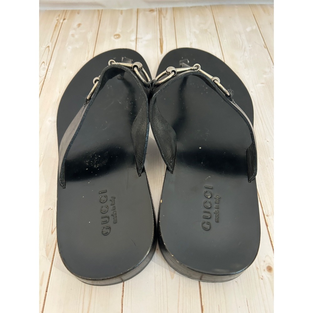 GUCCI Black Solid Leather Men Thong Horsebit Sandal UK 9/USA / EU 43 Rare - Picture 3 of 8